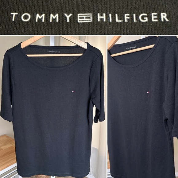 TOMMY HILFIGER Womens L Pullover Tee Short Sleeve Black Round Neck Red Logo - Picture 1 of 8
